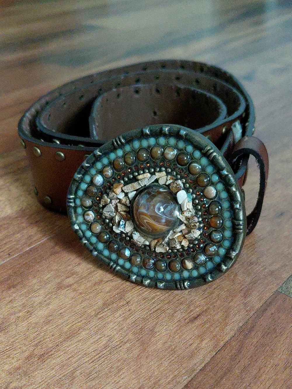 Boho Beaded Stone Buckle Genuine Bonded Leather Belt Turquoise Western Rodeo L